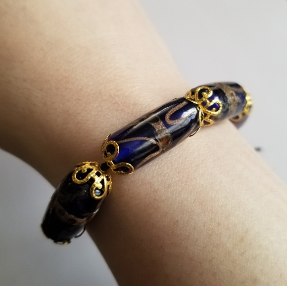Handmade beaded bracelet cobalt blue art glass beads gold tone black cord - Picture 2 of 11